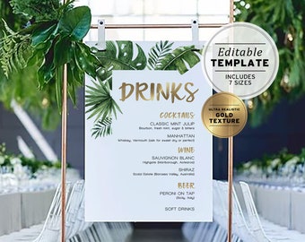 Leilani Tropical Leaves & Gold Wedding Drinks Bar Sign Printable Editable Template #003 #005 #006 #014