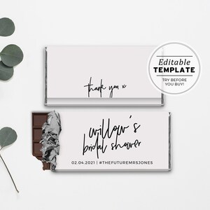 Juliette Minimalist Bridal Shower Chocolate Wrapper Party Favor, Hershey&#39;s 1.55oz Bar & Aldi Chocolate | EDITABLE TEMPLATE, Printable #004