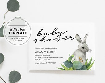 Baby Shower Invitation Watercolour Leafy Bunny Minimalist Printable Template