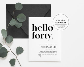 Hello Forty Minimalist 40th Birthday Party Invitation Printable Card | EDITABLE TEMPLATE #001