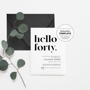 Hello Forty Minimalist 40th Birthday Party Invitation Printable Card | EDITABLE TEMPLATE #001