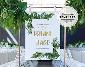 Leilani Tropical Leaf & Gold Wedding Welcome Sign Printable Template #033 #042