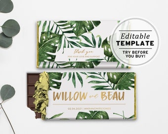 Leilani Leafy Tropical Gold Chocolate Wrapper, Wedding Favor, Hershey's 1.55oz Bar & Aldi Chocolate | EDITABLE TEMPLATE, Printable #003