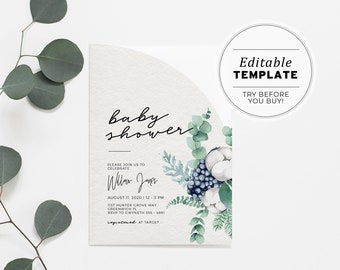 Greenery Baby Shower Invitation Template, Eucalyptus Baby Shower Invite, Printable Watercolor Baby Shower Invitation