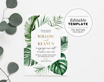 Tui Tropical Leaf & Gold Watercolor Wedding Invitation Printable Template #042