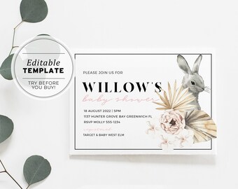 Watercolour Bunny and Flowers Boho Minimalist Baby Shower Invitation | EDITABLE TEMPLATE