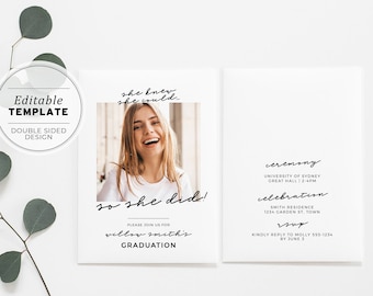 Ellery Graduation Party Invitation 'She knew she could so she did" | EDITABLE TEMPLATE, Printable #041