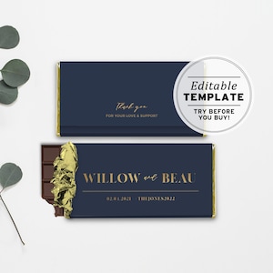 Könnte beinhalten: Editierbare Vorlage für eine Hochzeitsschokoladentafel-Verpackung mit dunkelblauem Hintergrund und goldenen Folienakzenten. Der Text lautet "Vielen Dank für Ihre Liebe und Unterstützung" und "Willow & Beau 02.01.2021 TheJonen2022".