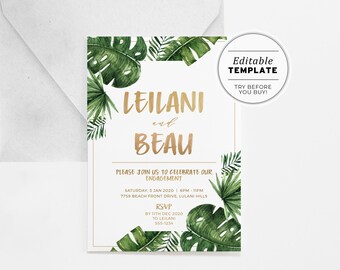 Tropical Beach Engagement Invitation Template, Printable Leafy & Gold Watercolor Engagement Invitation, Editable Template #033 #042