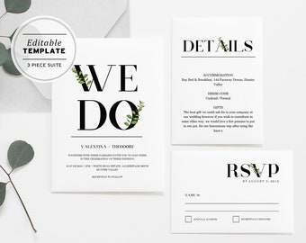 We Do Minimalist Greenery Wedding Invitation Suite Printable Editable Template Download #001