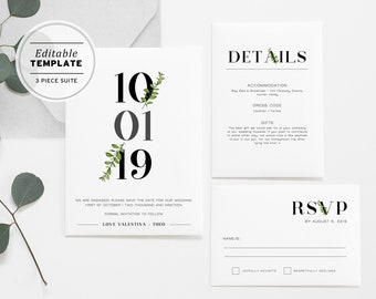 Minimalist Greenery Wedding Invitation Suite Printable Editable Template Download, Set of 3 #001