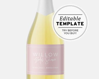 Blush Minimalist Bridal Shower Mini Champagne Bottle Labels, Minimalist Champagne Favor Label Template, Printable Editable Template #035