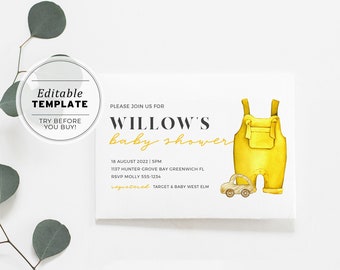 Baby Shower Invitation Yellow Overalls Gender Neutral Minimalist Printable Template