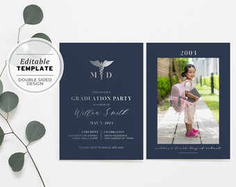 Classic Navy & Silver Doctor, Nurse Graduation Party Invitation | EDITABLE TEMPLATE, Printable