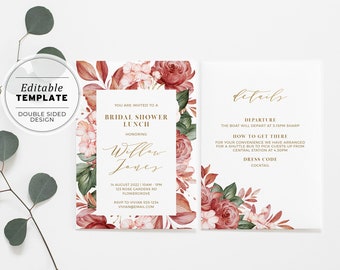 Watercolour Rose & Gold Bridal Shower Invitation, Digital Invite, Printable | EDITABLE TEMPLATE #026