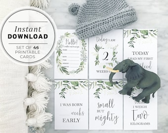 Watercolor Greenery Preemie Baby Milestone Cards, Printable, Set of 46, Baby Milestone Cards, Baby Photo