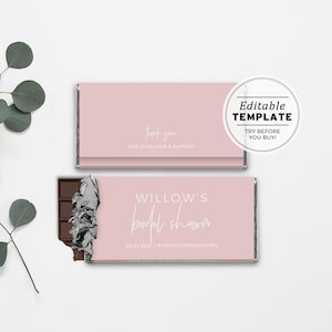 Blush Minimalist Bridal Shower Party Favor Chocolate Wrapper, Hershey&#39;s 1.55oz Bar & Aldi Chocolate | EDITABLE TEMPLATE, Printable #035