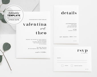 Minimalist Printable Wedding Invitation Suite Printable Editable Template Download, Set of 3, Mr White Range  #001