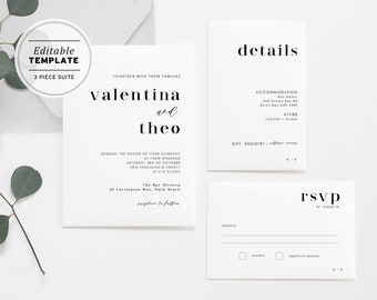 Minimalist Printable Wedding Invitation Suite Printable Editable Template Download, Set of 3, Mr. White Range  #001