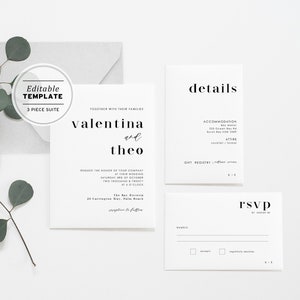 Minimalistischer druckbarer Hochzeitseinladungssatz druckbare bearbeitbare Vorlage zum Herunterladen, 3er-Set, Mr White Bereich #001