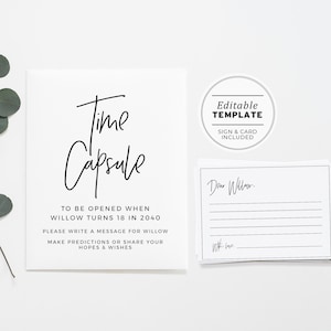 Tijdcapsule sjabloon, eerste verjaardag tijdcapsule, baby shower tijdcapsule, bord en kaarten, afdrukbare bewerkbare sjabloon #004 Juliette