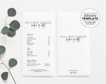 Juliette Minimalist Make Up Artist Price List, Beauty Price List, Small Business Printable | EDITABLE TEMPLATE #050 #043