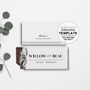 Könnte beinhalten: Weiße Schokoladentafel-Verpackungsvorlage mit dem Text "Vielen Dank für Ihre Liebe und Unterstützung" und "Bearbeitbare Vorlage Vor dem Kauf ausprobieren!" Die Verpackung ist auch personalisiert mit dem Text "WILLOW & BEAU 02.01.2021 THE JONES2022".
