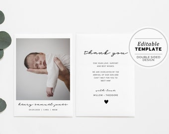 Photo Minimalist Newborn Baby Announcement, Birth Announcement, Digital Download, Editable Template