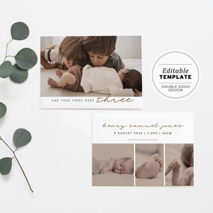 Annonce de bébé minimaliste troisième enfant, annonce de naissance, téléchargement numérique, modèle modifiable