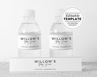 Juliette Minimalist Water Bottle Labels, Editable Template for Baby Showers, Modern Gender Neutral Water Bottle Label #004