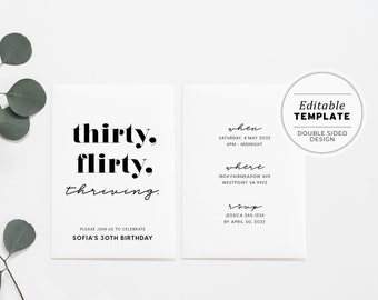Thirty, Flirty, Thriving Minimalist 30th Birthday Party Invitation Printable Card | EDITABLE TEMPLATE #008