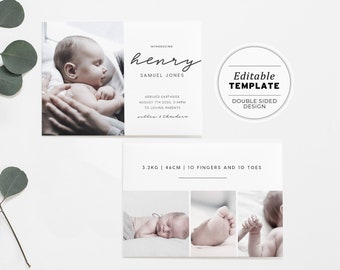 Grey Minimalist Newborn Baby Announcement, Birth Announcement, Digital Download, Editable Template