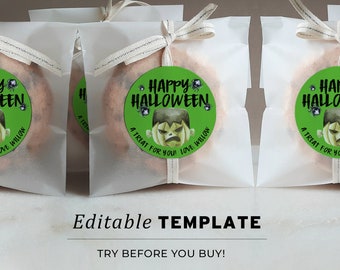 Editable Halloween Favor Stickers, Happy Halloween Gift Bag Sticker, Trick or Treat Favor Sticker Template, Halloween Printable