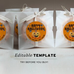 Autocollants modifiables de faveur d'Halloween, autocollant de sac de cadeau d'Halloween heureux, modèle d'autocollant de faveur de tour ou de traitement, imprimable d'Halloween