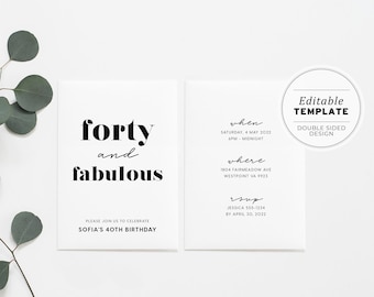 Forty and Fabulous Minimalist 40th Birthday Party Invitation Printable Card | EDITABLE TEMPLATE #008