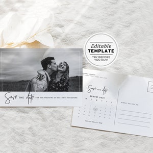 Modelo de cartão postal para impressão minimalista Juliette Salvar a data, convite de casamento, convite de noivado | MODELO EDITÁVEL #004