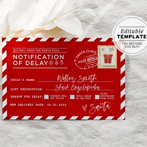 Presente de Natal atrasado editável Voucher de presente de Natal para impressão, presente de Natal atrasado Aviso oficial | MODELO EDITÁVEL