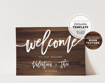 Wood Textured Wedding Welcome Sign, Editable Template, Printable