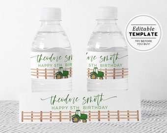 Minimalist Green Tractor Theme Birthday Party Water Bottle Wrapper Printable | EDITABLE TEMPLATE #058