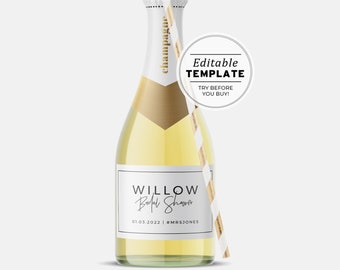 Juliette Bridal Shower Mini Champagne Bottle Labels, Minimalist Champagne Favor Label Template, Printable Editable Template #004