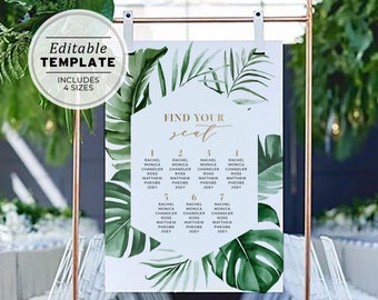 Tui Tropical Leaf & Gold Seating Chart Sign | EDITABLE TEMPLATE, Printable #042