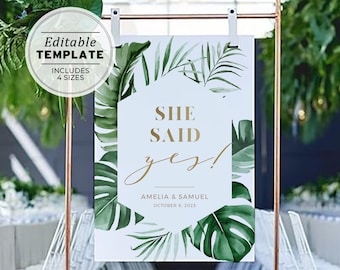Tui Tropical Leaf & Gold She Said Yes! Engagement Party Welcome Sign Printable Template #042