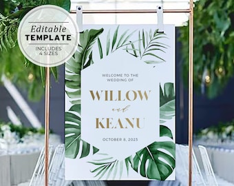 Tui Tropical Leaf & Gold Wedding Welcome Sign | EDITABLE TEMPLATE, Printable #042