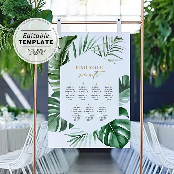 Tui Tropical Leaf & Gold Seating Chart Sign | EDITABLE TEMPLATE, Printable #042