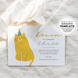 Kevin the Cat Birthday Party Birthday Invitation Template EDITABLE TEMPLATE 061 image 1