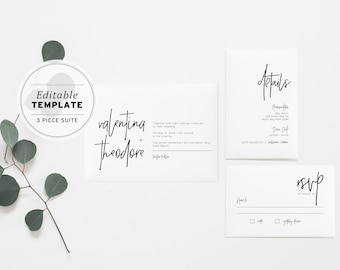 Juliette Minimalist White Wedding Invitation Suite Printable Editable Template Download, Set of 3 #004