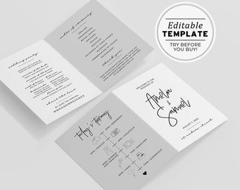 Juliette Minimalist Wedding Program Template, Modern Order of Service, Wedding Timeline, Printable Ceremony Program, Folded Program #004