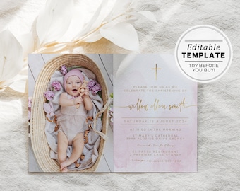 Primrose Gold Photo Baptism Christening Invitation, EDITABLE TEMPLATE, Printable #108