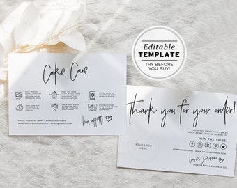 Juliette Minimalist Cake Care Card and Thank You Card, Thank You Package Insert | EDITABLE TEMPLATE #050 #043