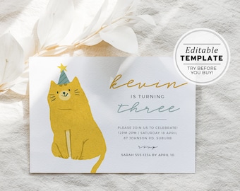 Kevin the Cat Birthday Party Birthday Invitation Template | EDITABLE TEMPLATE #061